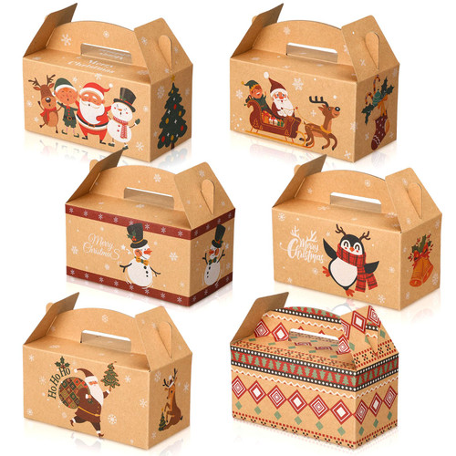 Cholemy 100 Pcs 3D Christmas Goody Gift Box Kraft Christmas Treat Box with Handle Xmas Cookie Box Gable Paper Xmas Box for School Classroom Party Favor Candy Treat Cookie Boxes 6.3x3.2x3.2 Inch