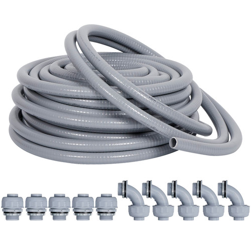 Neorexon Liquid-Tight Conduit and Connector Kit 1/2inch 25ft, Flexible Non Metallic Liquid Tight Electrical Conduit UL Certification, Electrical Conduit Kit with 5 Straight, 5 Angle Fittings