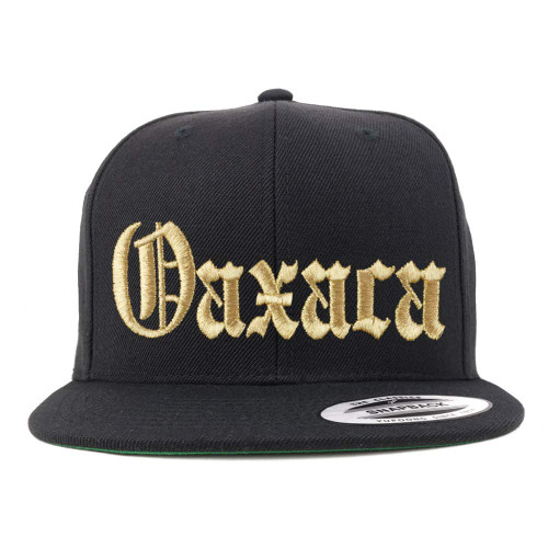 Trendy Apparel Shop Old English Oaxaca Gold Embroidered Flatbill Snapback Baseball Cap- Black
