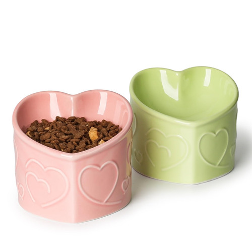 YauYik Cat Food and Water Bowl Set of 2, Heart Shape Raised Cat Bowl, Tilted Elevated Pet Feeding Ceramic Dishes Bowl for Kitten Cats Small Dogs (Pink+Green) YauYik Cat Food and Water Bowl Set of 2, Heart Shape Raised Cat Bowl, Tilted Elevated Pet Feeding Ceramic Dishes Bowl for Kitten Cats Small Dogs (Pink+Green)