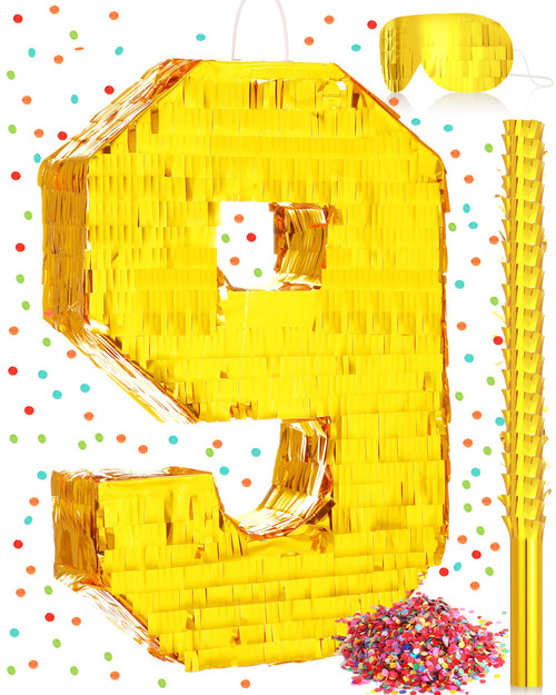 Gold Foil Number Pinata 16 x 11 x 3 Inch Small Pinata with 15.7'' Stick Gold Blindfold Confetti for Kid Boy Girl Birthday Party Decorations Anniversary Celebrations Fiesta Supplies Favors (Number 9)