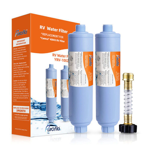 Puroflo RV Water Filter, RV Accessories for Travel Trailers w/Flexible Hose Protector, Camper Water Filter Reduces Odors Chlorine in Drinking Water, Washing, Gardening, Marine/Boat/Motorhome, 2Pack