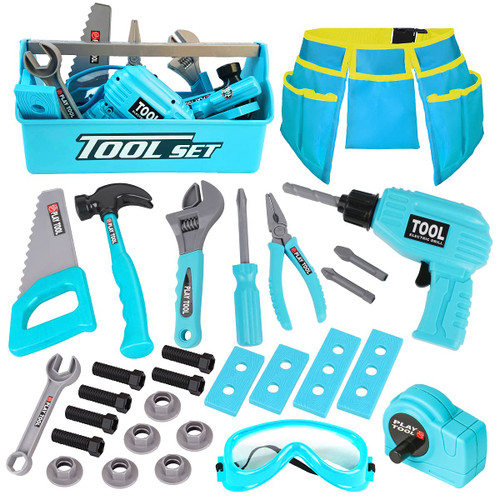 LOYO Kids Tool Set - Pretend Play Construction Toy with Tool Box Kids Tool Belt Electronic Toy Drill Construction Accessories Gift for Toddlers Boys Ages 3 , 4, 5, 6, 7 Years Old (Blue)