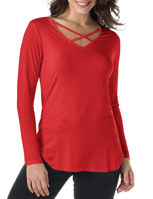 Amoretu Women's Casual Solid Long Sleeve Criss Deep V-Neck T-Shirt Tops Red M