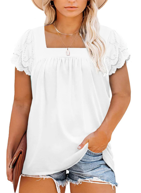 Eytino Plus Size Dressy Tops for Women Casual Summer Square Neck Ruffle Short Sleeve Tee Shirts,1X White