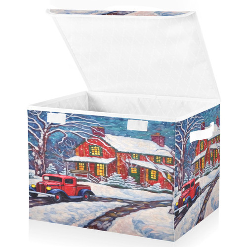 Christmas Red Truck House Large Storage Bins with Lid Collapsible Storage Bin Shelf Baskets Rectangle Storage Bin for Home Office Dormroom