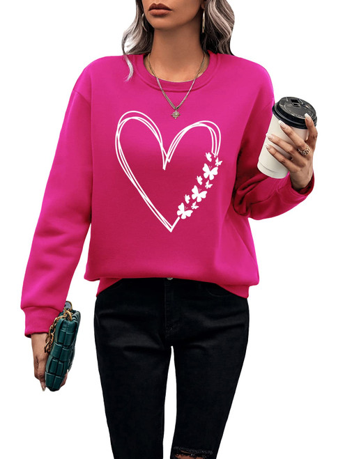 Floerns Women's Letter Graphic Print Long Sleeve Sweatshirt Pullover Tops Hot Pink Heart Small