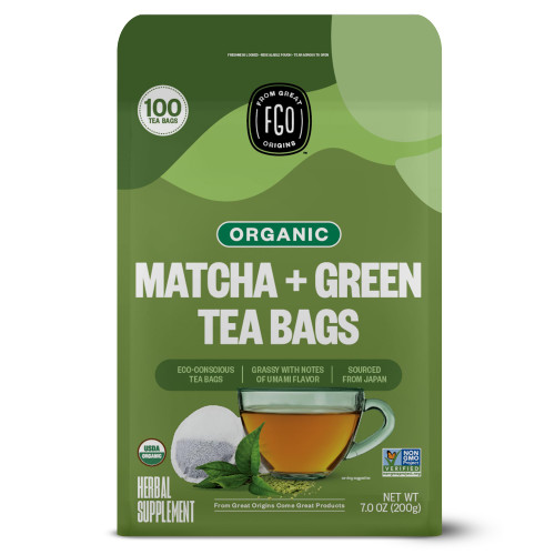 FGO Organic Japanese Matcha + Green Tea, Eco-Conscious Tea Bags, 100 Count, Packaging May Vary (Pack of 1)
