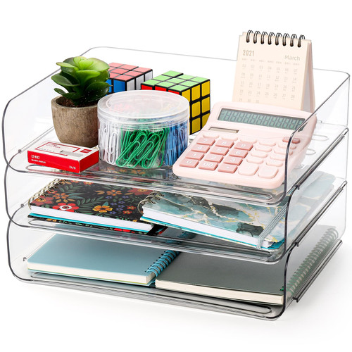 Okllen 3 Pack Stackable Paper Trays, Clear PET Desk Letter Tray Set, 3 Tier File Document Organizer Tray for A4 Paper, Magazine, Receipts, Office Supplies