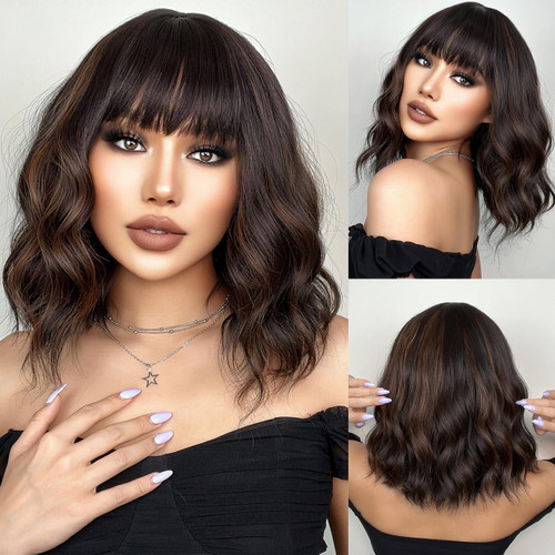 Doremiy Short Bob Mixed Dark Brown Wavy Wigs for Women Natural Shoulder Length Wig with Bangs Synthetic Wigs for Daily Cosplay Doremiy Short Bob Mixed Dark Brown Wavy Wigs for Women Natural Shoulder Length Wig with Bangs Synthetic Wigs for Daily Cosplay