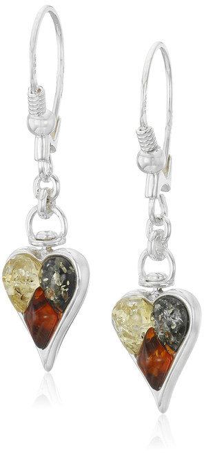 Multicolor Amber Sterling Silver Heart Dangle Earrings