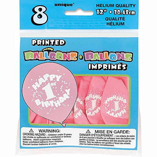 12" Latex Pink Happy 1st Birthday Balloons, 8ct