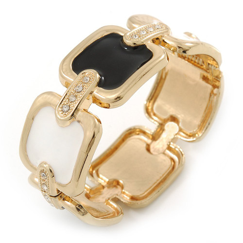 Avalaya Black/White Enamel Square, Crystal Hinged Bangle Bracelet In Gold Tone - 19cm L