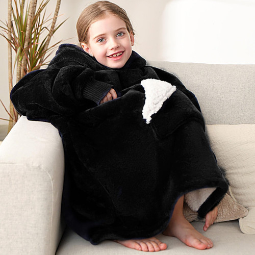 Touchat Wearable Blanket Hoodie, Oversized Sherpa Blanket Sweatshirt with Hood Pocket and Sleeves, Super Soft Warm Plush Hooded Blanket for Kids, One Size Fits All (Black) Touchat Wearable Blanket Hoodie, Oversized Sherpa Blanket Sweatshirt with Hood Pocket and Sleeves, Super Soft Warm Plush Hooded Blanket for Kids, One Size Fits All (Black)