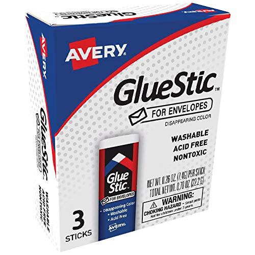 Avery Glue Stic for Envelopes, Disappearing Purple Color, 0.26 oz., Nontoxic, Permanent Adhesive, 3 Glue Sticks (00134)
