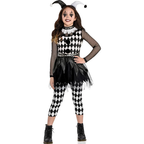 Girls Black & White Punky Jester Costume Set - Medium (8-10), 1 Set - Haunting Party Wear Perfect for Halloween and Themed Party Fun