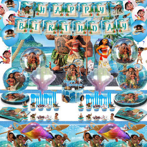 Moana Birthday Party Supplies, Birthday Party Decorations Including Banner Balloons Cupcake Toppers Tablecloth Tableware Background for Moana Theme Party Decorations