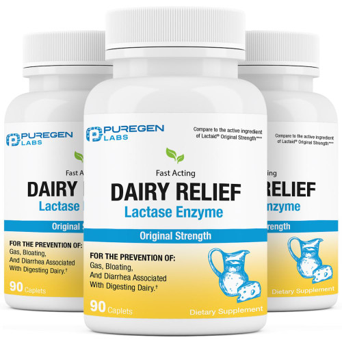 Puregen Labs Dairy Relief Natural Fast Acting Lactase Enzyme 3000 FCC, Lactose Intolerance Pills | 3 Pack - 270 Caplets Total Puregen Labs Dairy Relief Natural Fast Acting Lactase Enzyme 3000 FCC, Lactose Intolerance Pills | 3 Pack - 270 Caplets Total