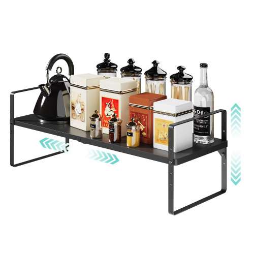jkxoo Expandable Kitchen Shelf Organizer, Stackable Shelf Organizer Small Expandable Shelves, Adjustable Height Pantry Shelf Spice Rack for Kitchen Cabinet, Countertop, Pantry and Cupboard, Black