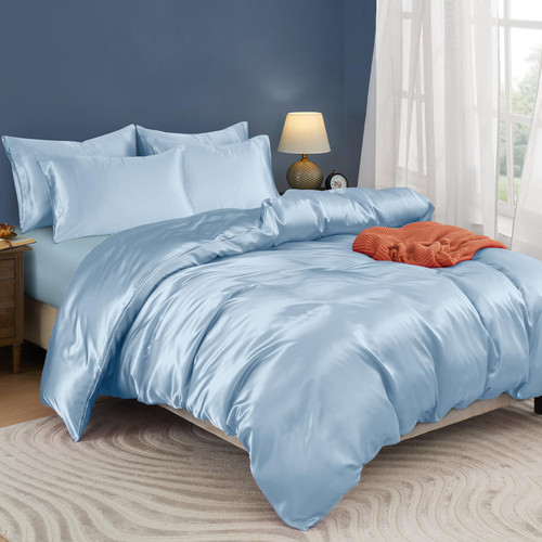 Horbaunal 5 Pieces Satin Duvet Cover Set Queen/Full Size Baby Blue Duvet Cover with Corner Ties & Zipper Closure, Luxury & Silky Bedding Set, 1 Duvet Cover and 4 Pillowcases (No Comforter) Horbaunal 5 Pieces Satin Duvet Cover Set Queen/Full Size Baby Blue Duvet Cover with Corner Ties & Zipper Closure, Luxury & Silky Bedding Set, 1 Duvet Cover and 4 Pillowcases (No Comforter)