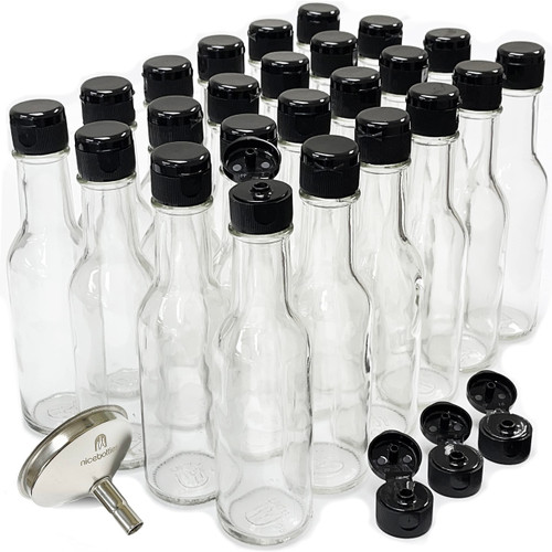 nicebottles Hot Sauce Bottles, 5 Oz - 24 Pack with Flip Top Caps - Includes Stainless Steel Funnel and 3 Extra Flip Top Caps!