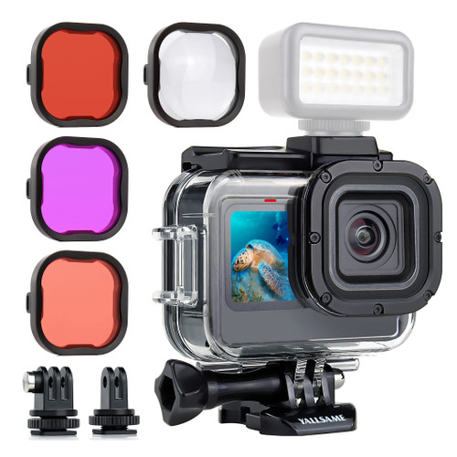 YALLSAME Waterproof Case for GoPro HERO 12 HERO 11 HERO 10 HERO 9Black with 4 Filters & Expansion Adapters 196ft Underwater Dive Protective Housing for Go Pro 12 11 10 9Scuba Diving Snorkeling Surfing