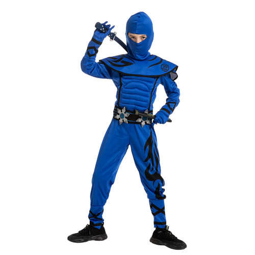 Spooktacular Creations Ninja Costume for Boys, Blue Ninja Kungfu costume for Kids Halloween Dress Up Party Ninja Role Playing (Medium (8-10yr))