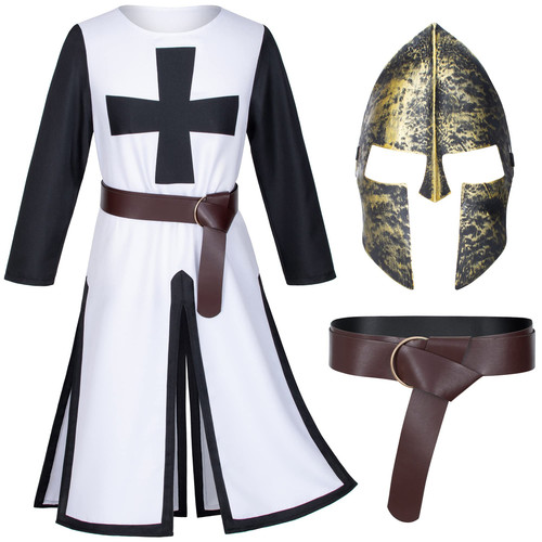TOKYO REVENGERS Medieval Renaissance Crusader Knight Tunic Templar Robe Halloween Cosplay Warrior Costume Mask Belt Set(White S)