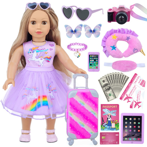 American18 Inch Doll Clothes and Accessories Travel Suitcase Play Set- Girl Doll Accessories Including Suitcase Luggage , Pillow, Sunglasses, Camera, Passport, Mobile Phone for Girls 18" Travel Doll