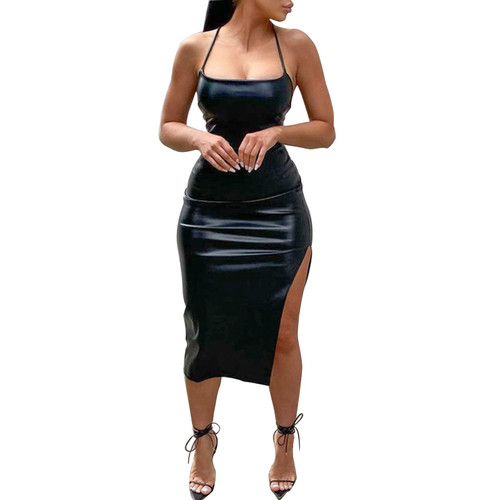 Women Faux Leather Dress Sleeveless Backless Bandage Bodycon Split Midi Dresses Party Cocktail (Black, Small)