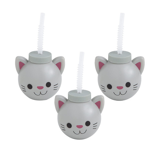 Fun Express 8 Pieces Cat Cups with Straws, Holds 14 oz, BPA Free Plastic, Party Supplies, Multi-Color