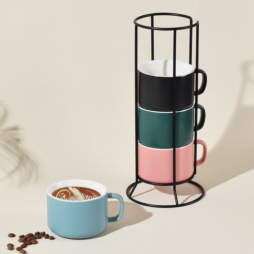 ZEBERBO Ceramic Espresso Cups Set of 4 with Metal Stand, 8 oz Stackable Porcelain Coffee Mugs, Demitasse Cappuccino Cups Set for Latte,Coffee,Cafe Mocha,Tea, Cafe Mocha 4 colors