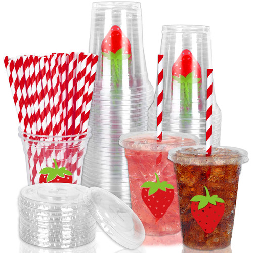 Whaline 50Pcs Strawberry Disposable Plastic Cups with Lids and Straws 12oz Party Cups Red Strawberry Cold Beverage Drinking Cups for Sweet One First Birthday Summer Fruit Party
