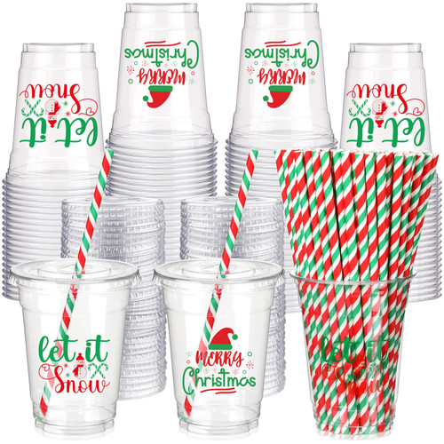 Yaomiao 300 Pcs 12 oz Christmas Plastic Cups with Lids and Straw Christmas Plastic Cups Merry Christmas Disposable Clear Cups Xmas Cups Holiday Cups for Beer Coffee Snacks Party Supply