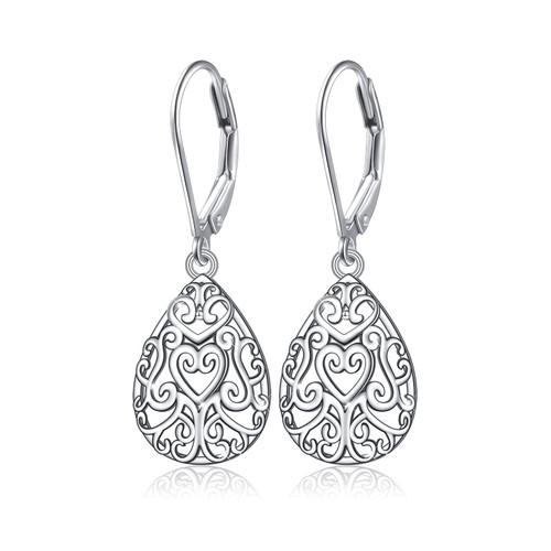 DAOCHONG 925 Sterling Silver Heart Filigree Teardrop Earrings for Women Birthday Gifts Dangle Drop Leverback Earrings for Girls Teen DAOCHONG 925 Sterling Silver Heart Filigree Teardrop Earrings for Women Birthday Gifts Dangle Drop Leverback Earrings for Girls Teen