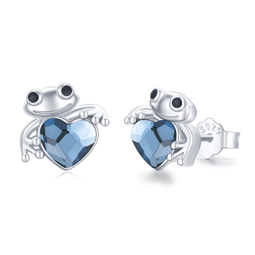 Frog Earrings Hypoallergenic 925 Sterling Sliver Blue Crystal Heart Stud Earrings Animal Frog Earrings for Girls Frog Jewelry for Women