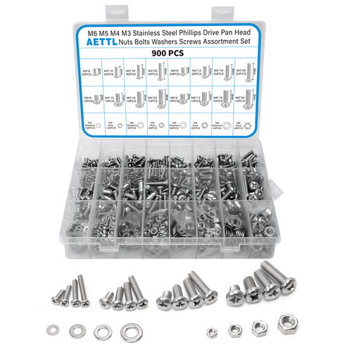 AETTL 900pcs M6 M5 M4 M3 Nuts and Bolts Assortment Kit, Stainless Steel Metric Assorted Machine Screws Set Phillips Drive Pan Head with Flat Washers, AE900LS AETTL 900pcs M6 M5 M4 M3 Nuts and Bolts Assortment Kit, Stainless Steel Metric Assorted Machine Screws Set Phillips Drive Pan Head with Flat Washers, AE900LS