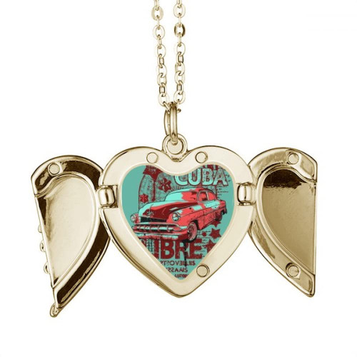 Graffiti Street Red Green Car Pattern Folded Wings Peach Heart Pendant Necklace, ys/m