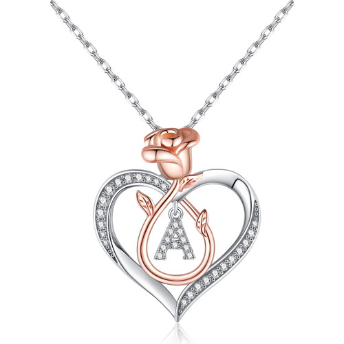 Sterling Silver Necklace for Women, Dainty Rose Love Heart Initial A Letter Pendant Necklace Jewelry Mothers Day Valentines Christmas Gifts for Mom Wife Girlfriend Teen Birthday Gifts for Girls Sterling Silver Necklace for Women, Dainty Rose Love Heart Initial A Letter Pendant Necklace Jewelry Mothers Day Valentines Christmas Gifts for Mom Wife Girlfriend Teen Birthday Gifts for Girls
