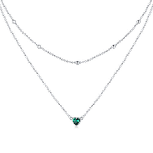 Mother's Day Gifts Layered Necklaces for Women S925 Sterling Silver Chokers Layered Heart May Birthstone Necklace with Emerald