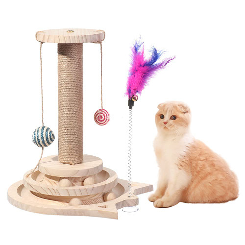 Marchul Cat Scratching Post with Hanging Ball, Kitten Sisal Scratcher Toy with 2 Layer Tracks Spinning Balls, Cat Tracking Interactive Toys for Indoor Cats and Kittens