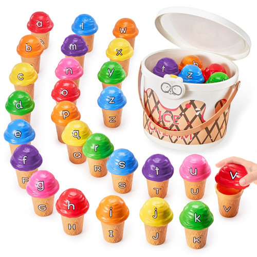 JoyCat Ice Cream Alphabet Learning Toys and Color Sorting Game for Toddlers - 52 Pieces, Montessori Stacking Fine Motor Skills Toys, Upper and Lower Case Alphabet Matching Toys with Storage Tub