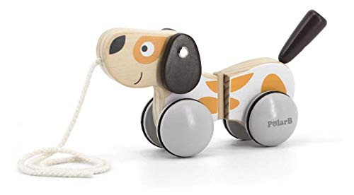 MODERNGENIC Pull-A-Long Puppy Wooden Toy for Toddlers, Rubber Rimmed Wheels for Easy Push and Pull Action