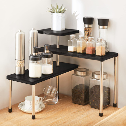 Apicizon Bathroom Organizer Countertop Corner Shelf, 3 Tier Corner Shelf Kitchen Countertop Organizer, Adjustable Bamboo Spice Rack Storage Shelf for Kitchen, Bathroom, Make Up