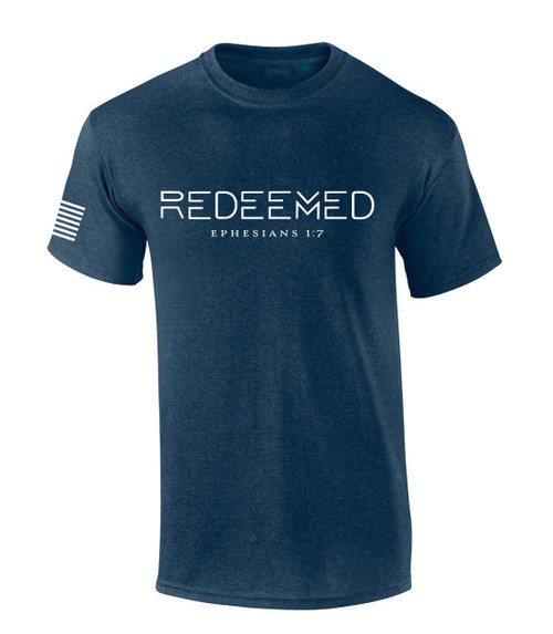 Mens Christian Shirt Redeemed Ephesians 1:7 Scripture American Flag Sleeve T-Shirt Graphic Tee-Heather Navy-4xl