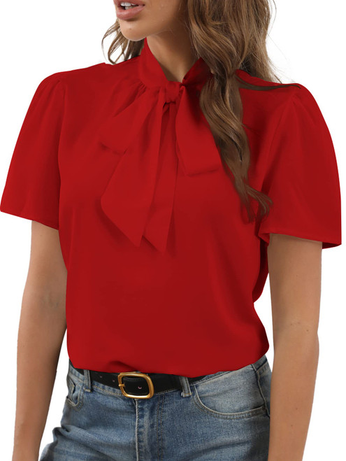Rooscier Women's Bow Tie Knot Mock Neck Short Sleeve Elegant Workwear Blouse Shirt Top Red Large