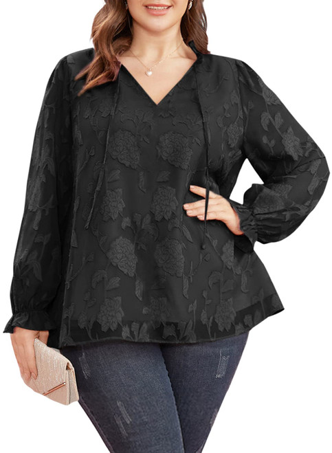 Eytino Women Plus Size Blouse Long Sleeve V Neck Drawstring Loose Casual Chiffon Tops Shirts,1X Black