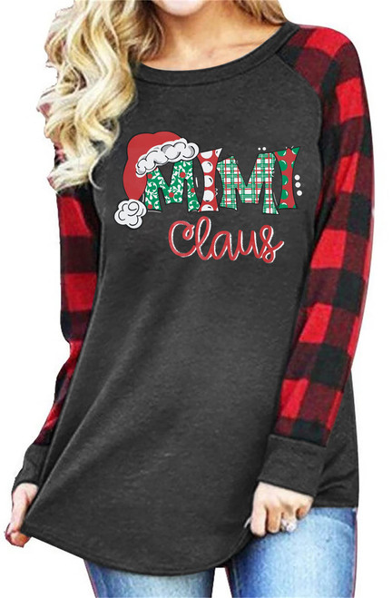 Mimi Claus Christmas Shirt Women Cute Santa Graphic T-Shirt Long Sleeve Raglan Baseball Tee Top (Grey Red, XXL)