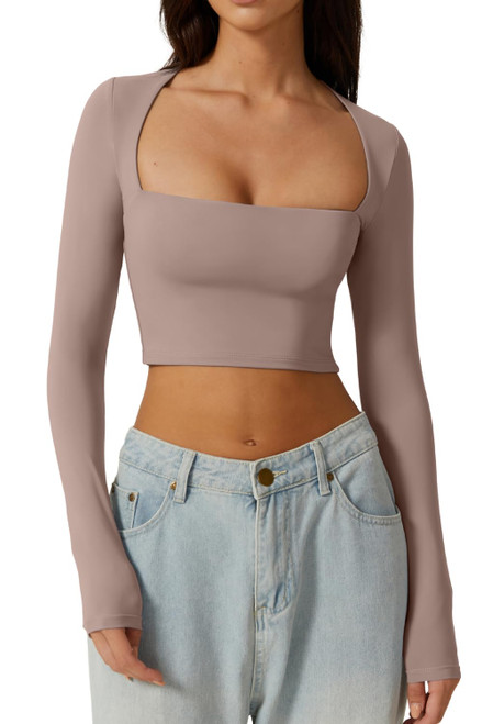 QINSEN Women's Sexy Square Neck Crop Top Long Sleeve Slim Fit Cropped T Shirts Rose Taupe XL QINSEN Women's Sexy Square Neck Crop Top Long Sleeve Slim Fit Cropped T Shirts Rose Taupe XL