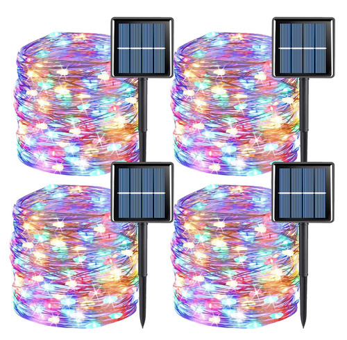 YEGUO Solar Christmas Lights Outdoor Waterproof, 4 Pack Each 33ft 100 LED Solar String Lights, 8 Modes Silver Wire Solar Fairy Lights (Multicolor)